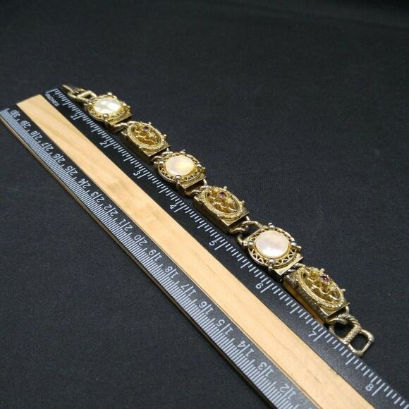 Vintage Mother of Pearl Rhinestone Box Style Link Bracelet, Distressed, 1950s - Picture 3 of 11